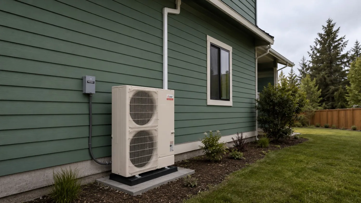 Newly installed air conditioning condenser beside a green-sided Pierce County, WA home