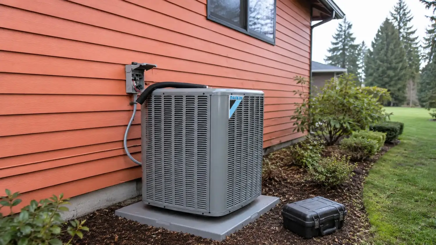 Daikin air conditioning condenser beside a Pierce County, WA home during a repair visit