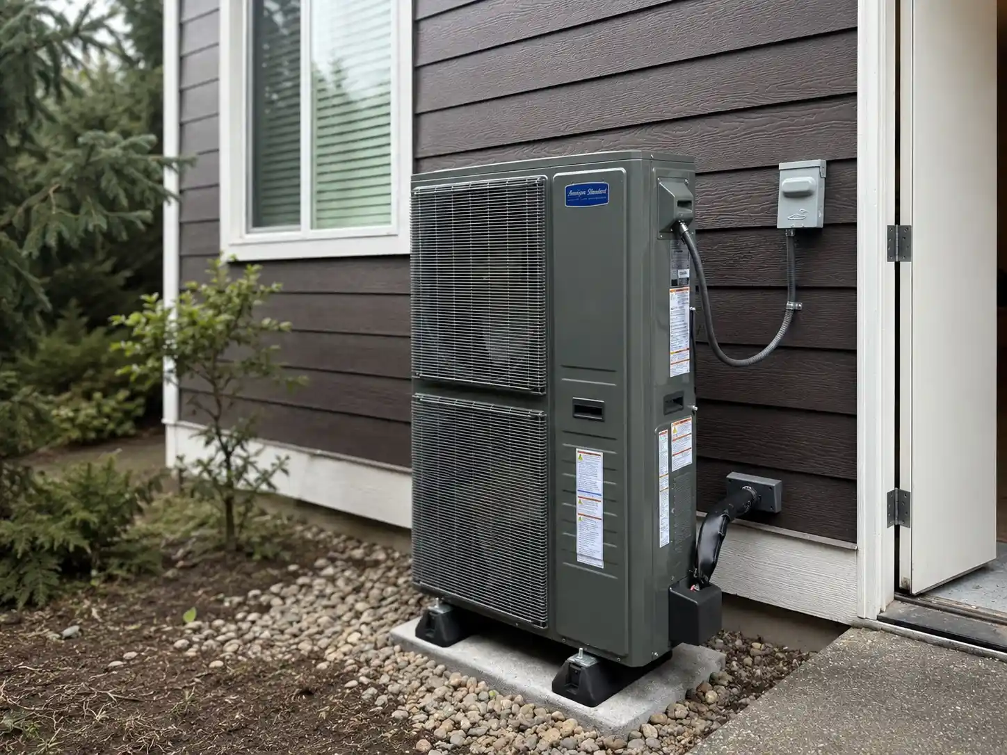American Standard heat pump and air conditioning condenser installed beside a Pierce County, WA home