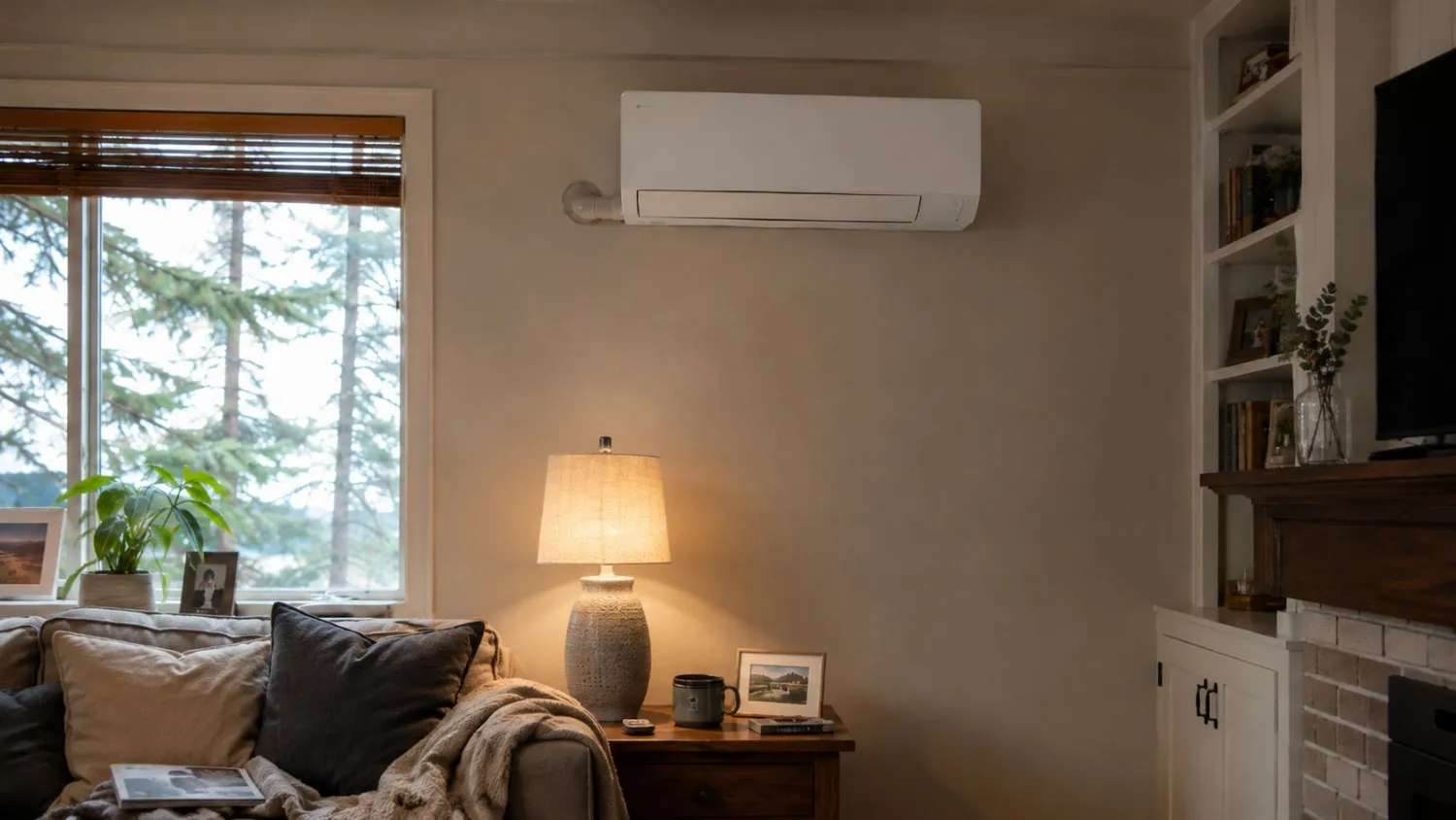 Wall-mounted ductless mini-split indoor head unit in a Pierce County, WA living room