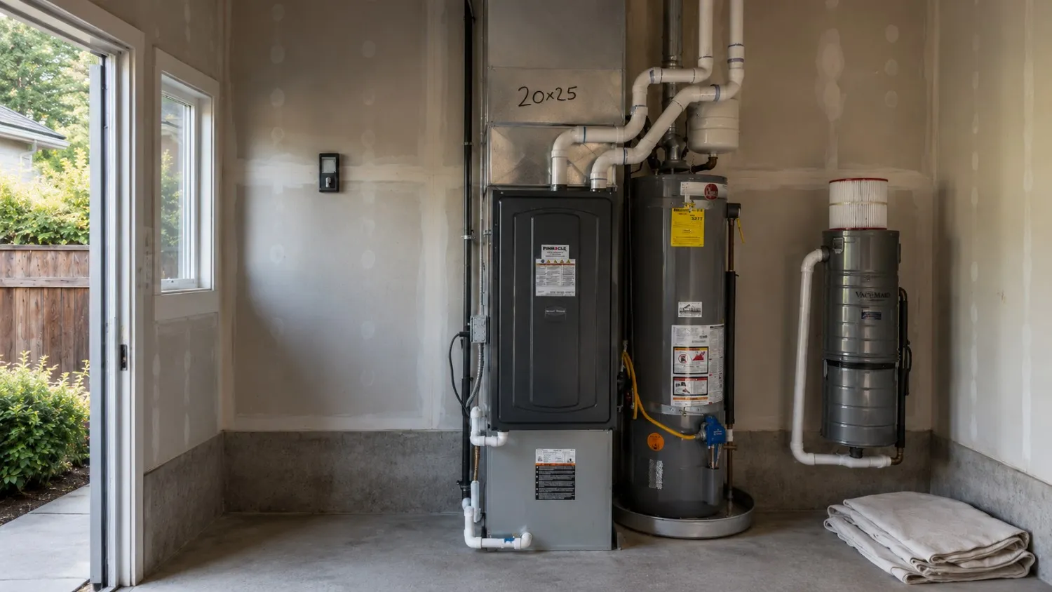 Newly installed gas furnace and water heater in a Pierce County, WA garage