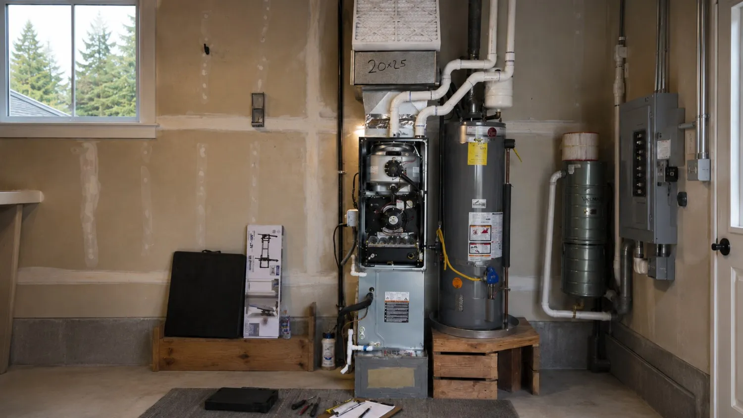 Gas furnace with its access panel removed during a repair, beside a water heater in a Pierce County, WA garage