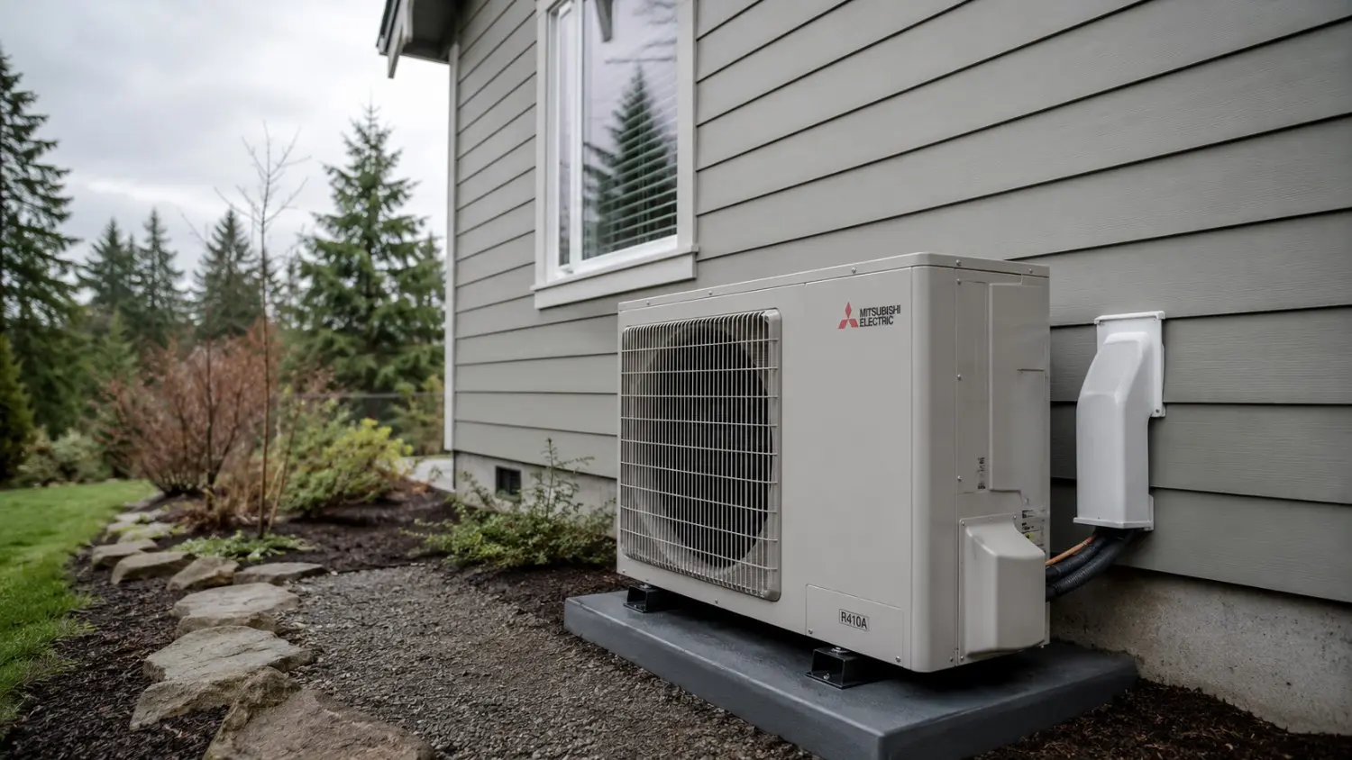 Mitsubishi Electric heat pump outdoor unit installed on a pad beside a Pierce County, WA home