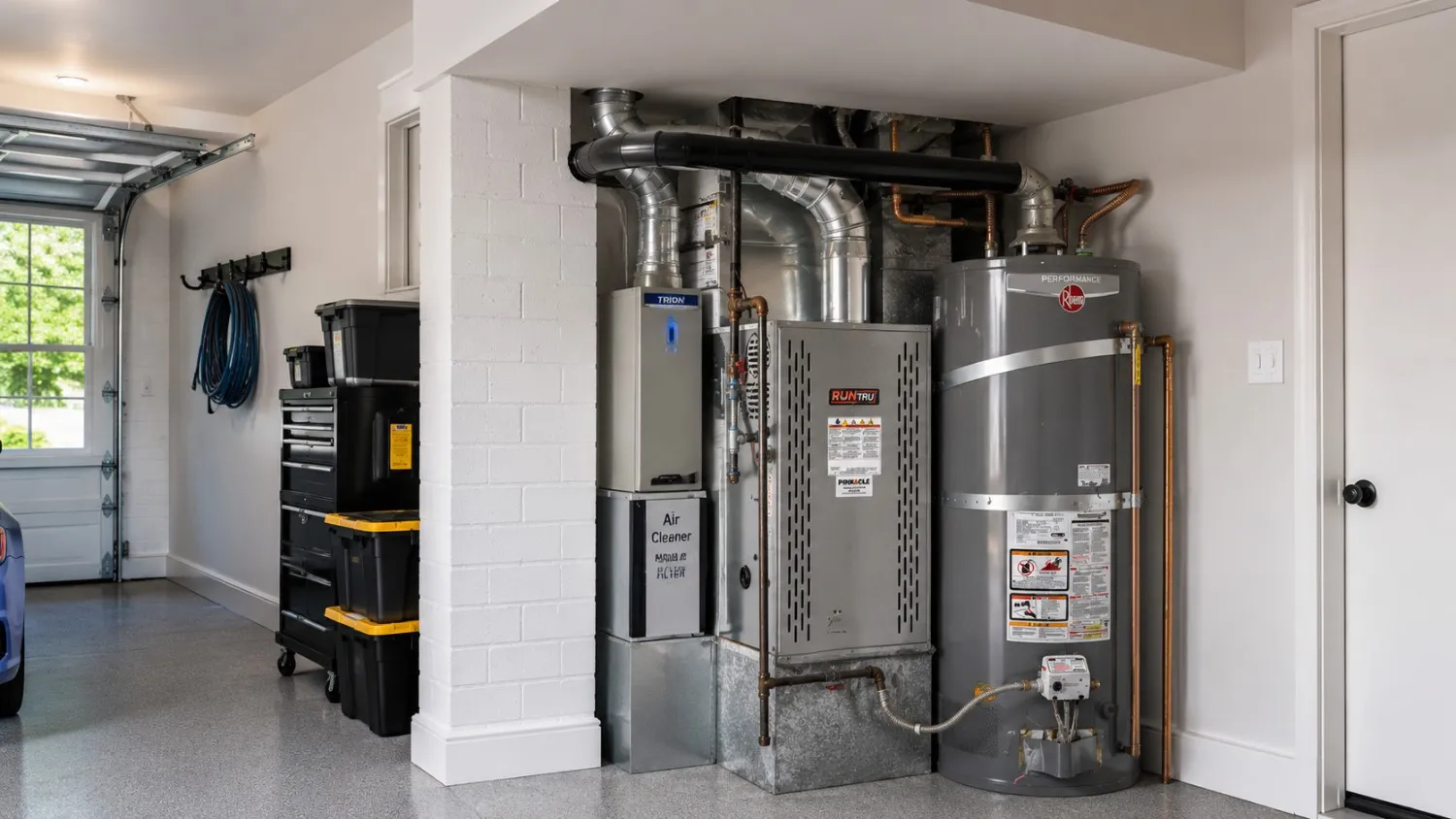 Whole-home air cleaner mounted on a furnace system in a Pierce County, WA garage