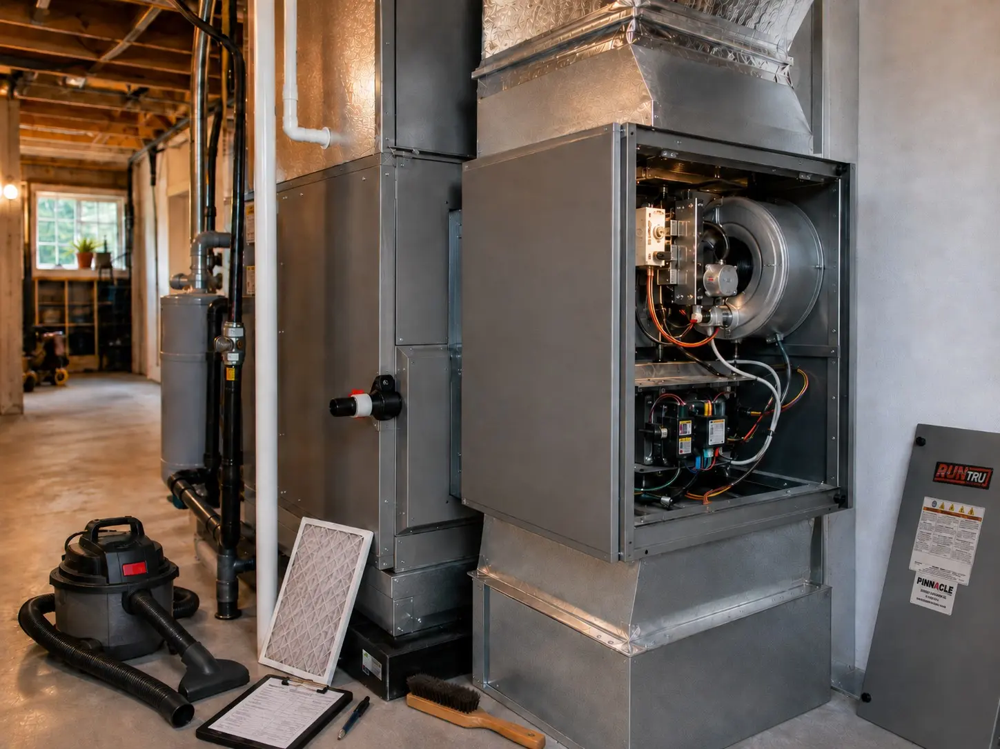 Furnace and air handler ready for a seasonal tune-up in a Pierce County, WA basement, with a filter and service tools