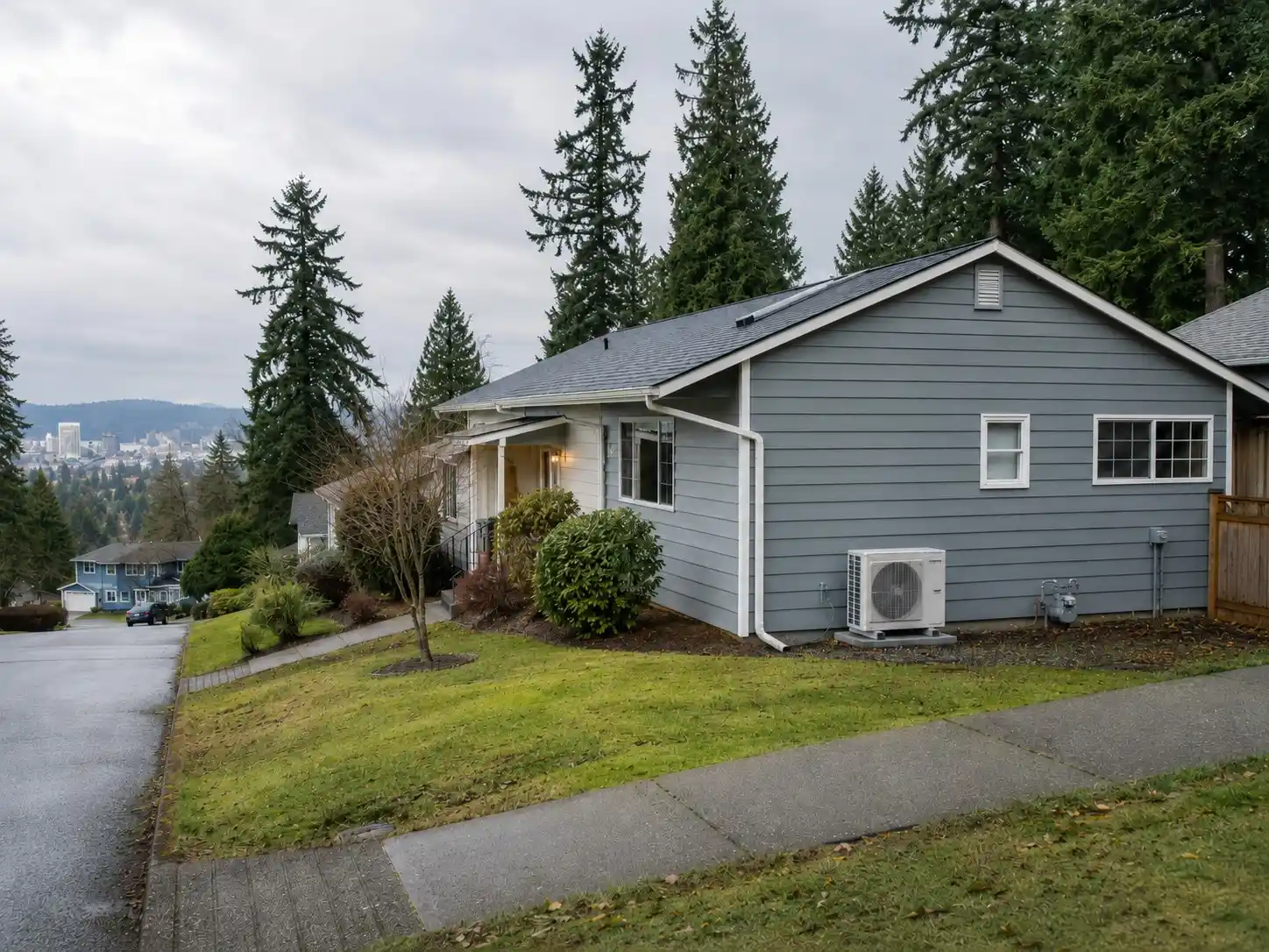 Ductless mini-split unit on a Pierce County, WA hillside home overlooking the valley