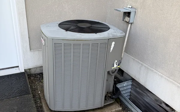 Lennox air conditioning condenser on a concrete pad beside a Pierce County, WA home