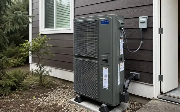 Two-fan outdoor cooling unit installed beside a Puyallup, WA home