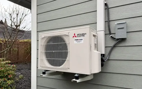 Mitsubishi Electric ductless mini-split outdoor unit wall-mounted on a Puyallup, WA home