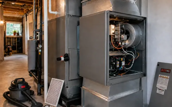Furnace with its panel open, a new filter and service tools during a tune-up in a Pierce County, WA basement