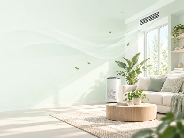 Pinnacle Air Control indoor air quality: a bright Puyallup living room with a ceiling vent and air purifier