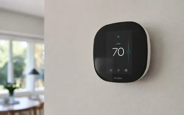 Smart thermostat set to 70 degrees on the wall of a Puyallup, WA home