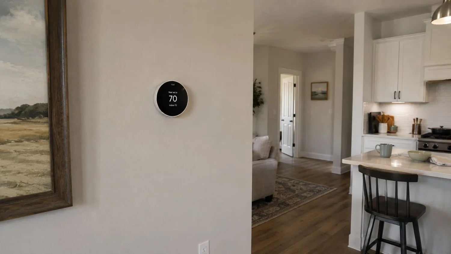 Smart thermostat mounted on the wall of an open-plan Pierce County, WA home
