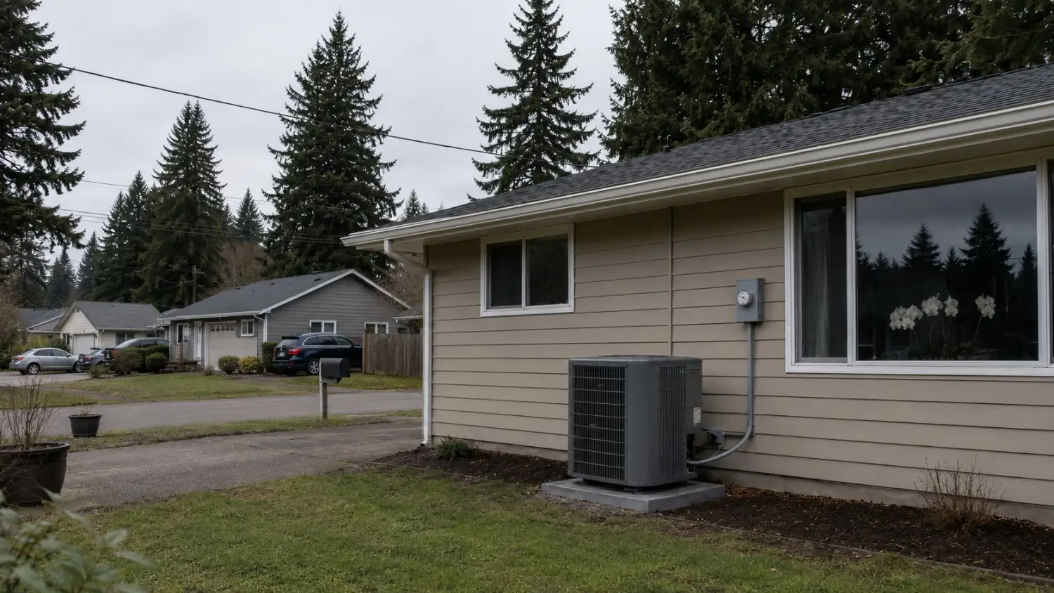 HVAC condenser installed beside a Spanaway, WA home